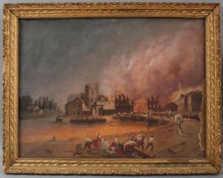 19thC Antique American Folk Art Oil Painting of Town Fire,  Baltimore MD? NR 2