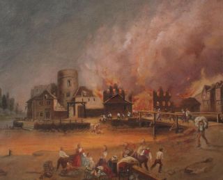 19thC Antique American Folk Art Oil Painting of Town Fire,  Baltimore MD? NR 3