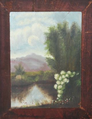 Antique 19thc American Folk Art Landscape Oil Painting On Wood Board