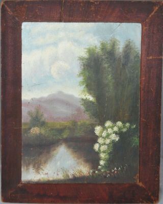 Antique 19thC American Folk Art Landscape Oil Painting on Wood Board 2