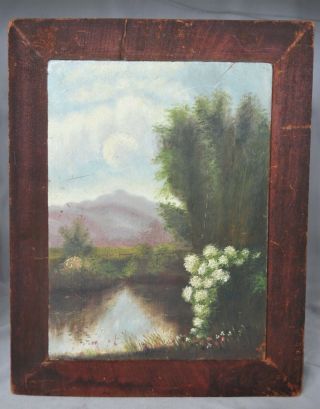 Antique 19thC American Folk Art Landscape Oil Painting on Wood Board 3