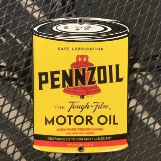 Vintage Pennzoil “the Tough - Film” Motor Oil Can Gas Door Display Porcelain Sign