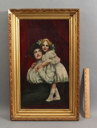Antique Victorian Folk Art Portrait Oil Painting,  Mother & Daughter,  Gilt Frame
