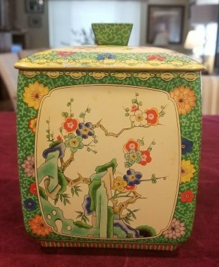 Vintage Metal Tin The Metal Box Co.  Mansfield England 1950s Green Asian Floral