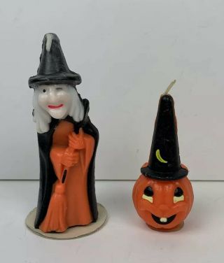 2 Vintage Gurley Halloween Candles 1 Witch W/ Broom And 1 Pumpkin Wizard
