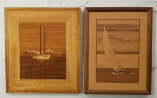 2 Vintage Wood Inlay Marquetry Art Hudson River Sailboat J.  Nelson & M.  Bowen