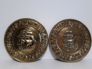 2 Vintage Embossed Brass Wall Art Plates Ship Scene Made In England 8 "