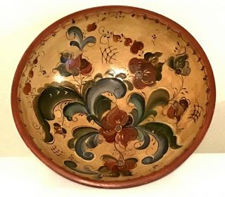 Vintage 1989 Rosemaling Telemark Style 13 " Wooden Bowl W/ Feet - - Signed
