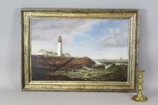 A Fine 19th C O/b Painting Of An Ocean View With Sailing Ships And A Lighthouse