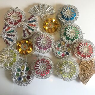 Vintage Christmas Tree Ornaments Set Of 16 Silver Gold Colorful Star Fan 3 - 4”