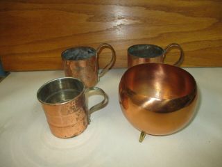 Vintage Hangable Copper Pot On Legs 4 " X4 " & 3 Copper Mugs Including Moscow Mule