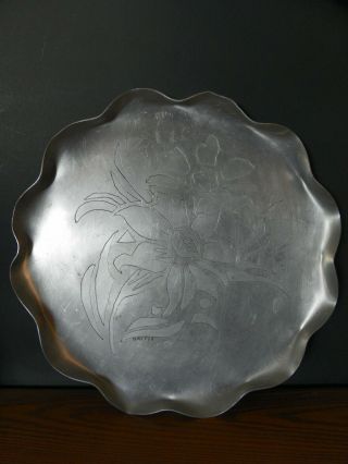 Vintage Floral Design Hand Wrought Aluminum Scalloped Tray Signed Mattie