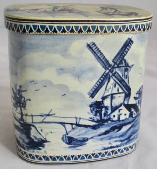 Vintage Tin Delft Holland Dutch Blue White Windmill Ship Scenery Oval Germany