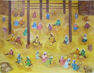 Haitian Folk Art Naif Painting By Monart “haiti Market” 22″x28″