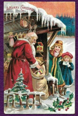 Embossed Christmas Postcard Red Robe Santa Claus Children Spying - A969