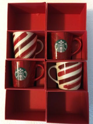 Set Of 4 Starbucks 2014 Demi Espresso Cups 2 Red & 2 Candy Cane 3 Oz W/ Boxes