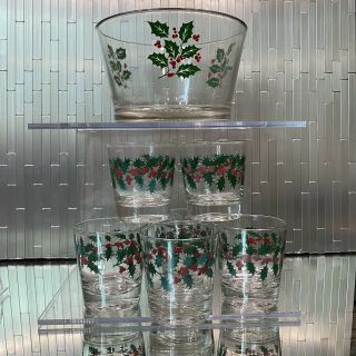 Vintage Christmas Holly Berry Punch/egg Nog Bowl & 6 Glasses Clear Glass Mcm
