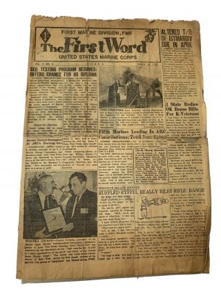 Ww2 Korea Era Newspaper 1st Marine Corps “ The First Word” March 24 1954