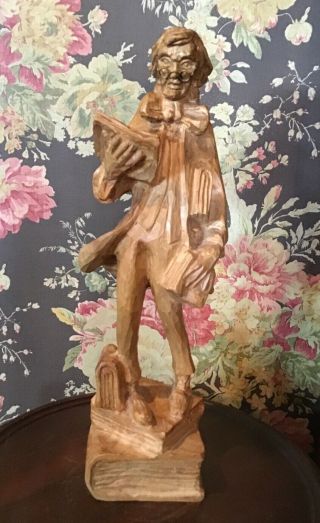 Vintage Folk Art Hand Carved Wood Scholar Man Reading Book Worm Sculpture Statue