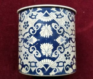 Vintage Delft Holland Blue And White/ivory Lotus Pattern Tin Canister W/ Lid