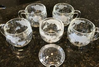4 Vintage Nestle Nescafe Glass World Globe Coffee Mugs With Covered Sugar Bowl
