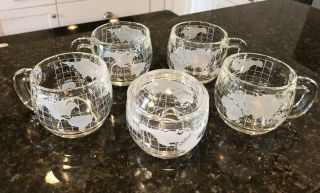 4 Vintage Nestle Nescafe Glass World Globe Coffee Mugs With Covered Sugar Bowl 2