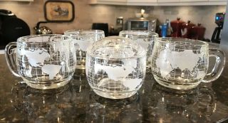 4 Vintage Nestle Nescafe Glass World Globe Coffee Mugs With Covered Sugar Bowl 3