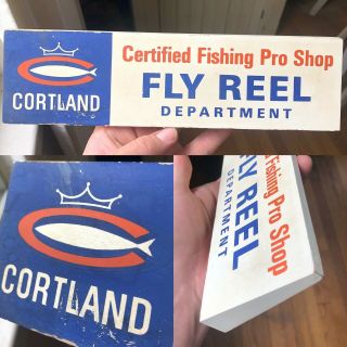 Vtg 1960s Cortland Fly Fishing Reel Store Display Tackle Sign Wood Painted Ad