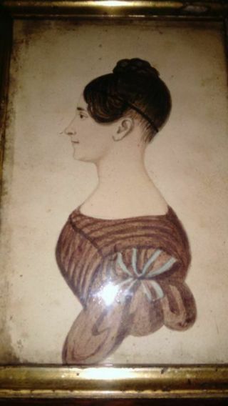 About 1840 Folk Art Miniature Watercolor Portrait Of Woman Frame