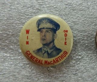 C.  1945 Wwii " Win Or Die " General Douglas Macarthur Pin Pinback Shape Tinted