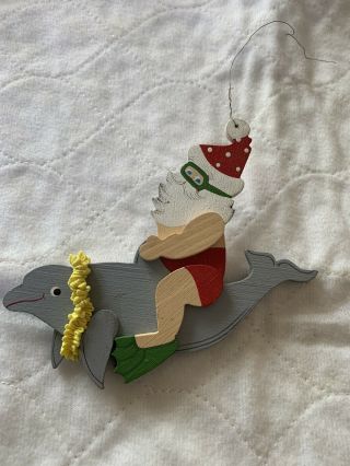 Vintage Emgee Hawaii Wood Christmas Ornament Santa On Dolphin (missing 1 Arm)