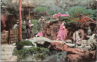Japanese Women In Garden Scene Water Japan Postcard G27