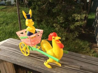 1950s Vintage Rosen/rosbro Plastic Easter Express Rabbit & Chicken Pulling Cart