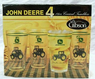 John Deere Glasses Set 4 Gibson 16oz Conical Tumblers Beer Cups Open Box