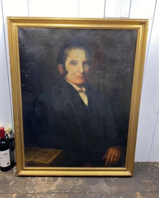 Antique Early 19thc Portrait Oil Painting O/c Of Gentleman W/book & Glasses