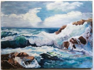 Antique Vintage C1940s Seascape Oil Painting Waves Coastal Rocks Signed