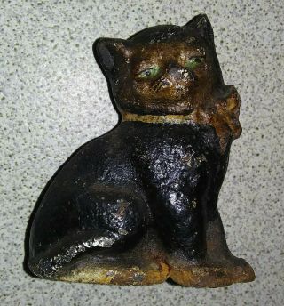 Vintage Hubley Cast Iron 3 " Black Cat W/ Green Eyes & Pink Bow Figurine
