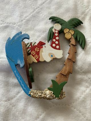 Vintage Emgee Hawaii Wood Christmas Ornament Santa Surfing (glued Piece)