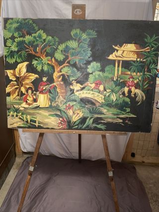 Large Vintage Oriental Oil Painting On Canvas Signed ??