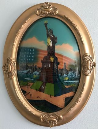 Antique Statue Of Liberty Reverse Painting On Oval Convex Glass Framed 24 " X 19 "