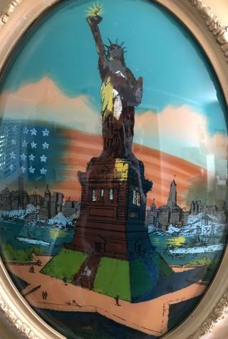 Antique Statue of Liberty Reverse Painting on Oval Convex Glass Framed 24 