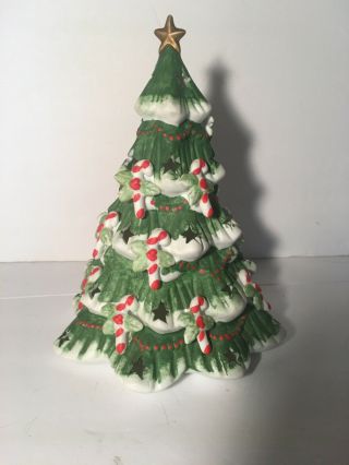 Vintage Hand Painted Porcelain Ceramic Lighted Christmas Tree 9” 2