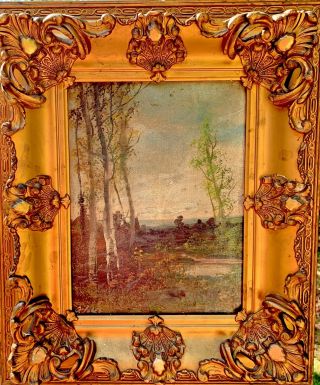 Antique Landscape Painting Oil On Board With Gilt Frame Signed