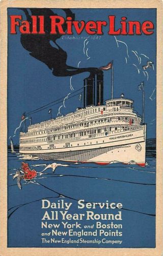 England Steamship Co Fall River Line Service Poster Style Adv Pc C 1907 - 14