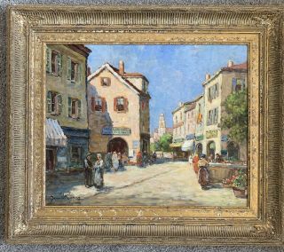 Listed Artist Dennis Ainsley (1880 - 1952) France Town Square Oil Painting