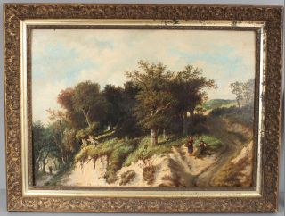 19thc Antique Signed European Country Landscape W/ Hunter Oil Painting,  Nr