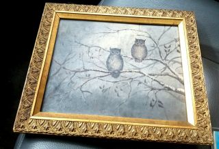 Old 1878 Folk Art Oil Painting " Winter Companions " Two Owls On Branches " Hull "