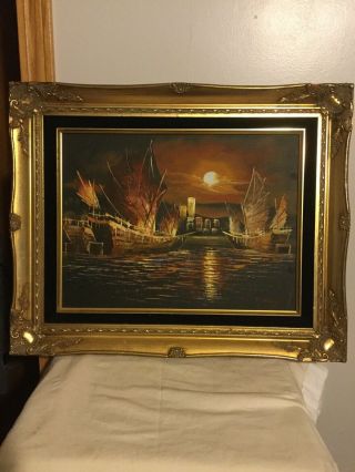 P.  Wong - Signed Oil Painting Of Chinese Junk Boats