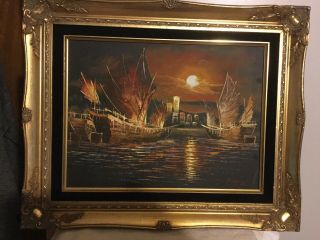 P.  Wong - Signed Oil Painting of Chinese Junk Boats 2