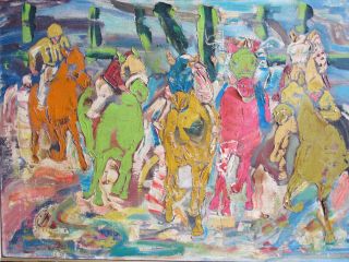 Large Vintage Oil On Canvas Polo Horses Harriet Lorence Nesbitt - Signed 33x22.  5